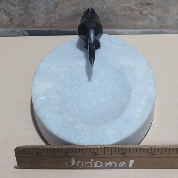 Decorative Marble Soap Dish Jewelry Holder Black Metal Bird Figure - Picture 10 of 12